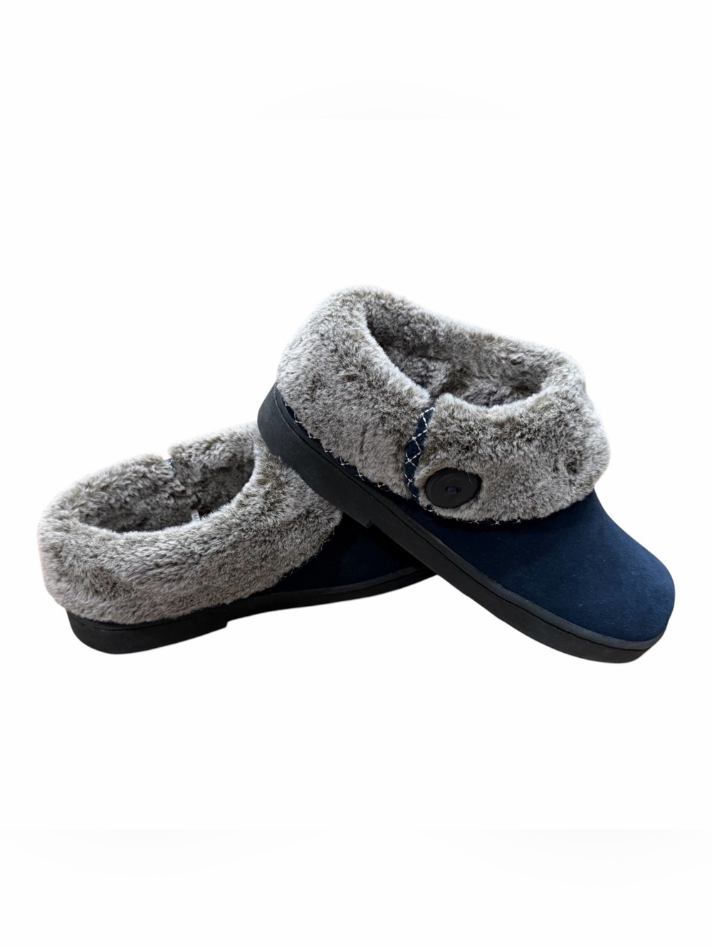 Clarks Slippers Shoes Womens Blue Suede Faux Fur Cuff Comfort Clog Size 9M